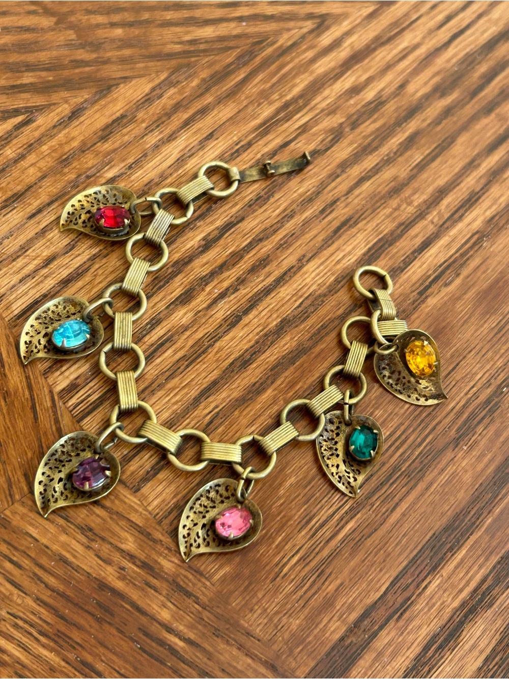 Vintage Brass Filigree Multi-Color Rhinestone Charm Bracelet